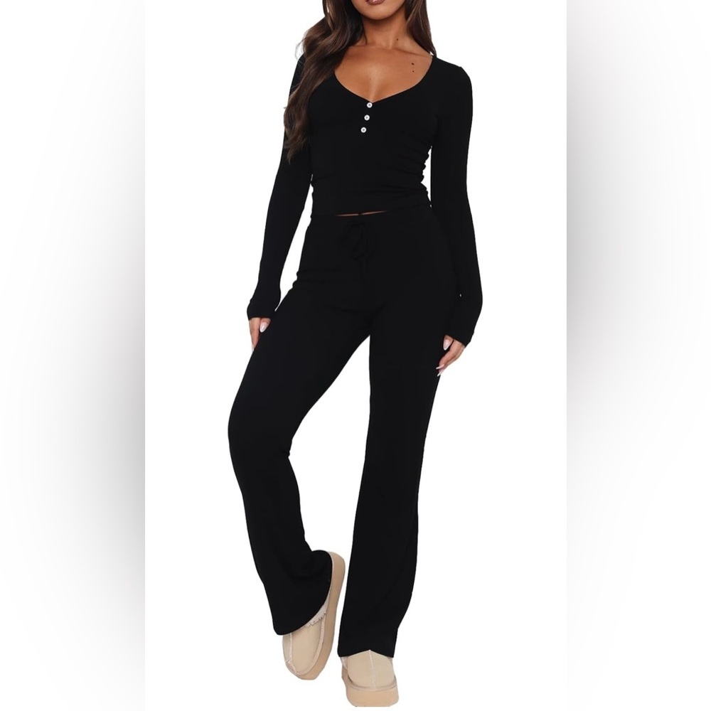 Lounge Set Long Sleeve Flare Pant V Neck Black NWT